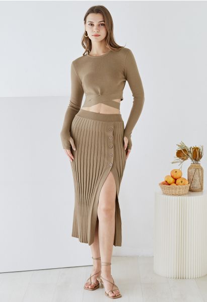 Buttoned Front Slit Rib Knit Skirt in Tan