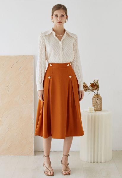 Buttoned Pleated A-Line Skirt in Pumpkin