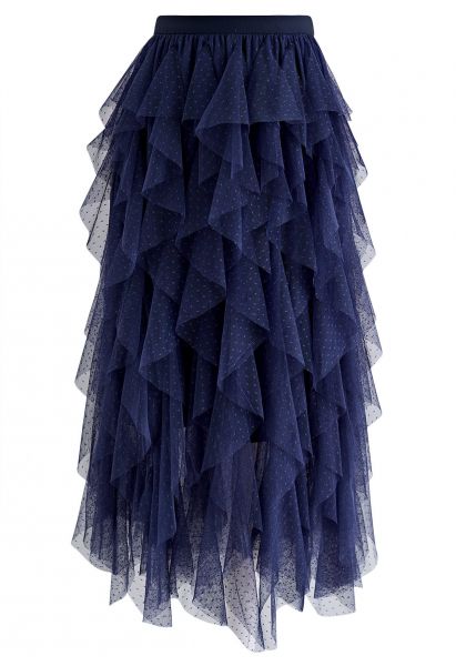 Dots Full Ruffled Tulle Skirt in Navy