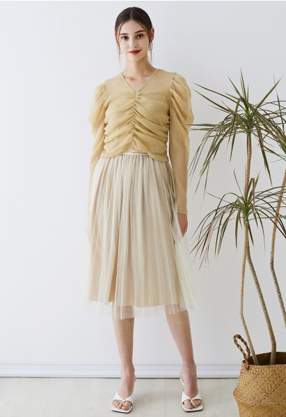 Glimmering Pleated Mesh Midi Skirt in Champagne