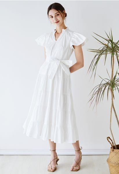 V-Neck Flutter Sleeve Ruffle Cotton Dress in White