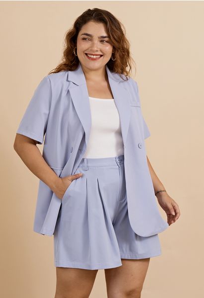 Classic Notch Lapel Short-Sleeve Blazer in Blue