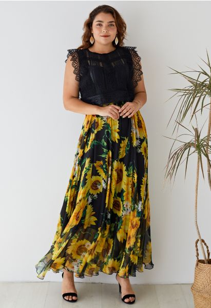 Blooming Sunflower Watercolor Maxi Skirt in Black