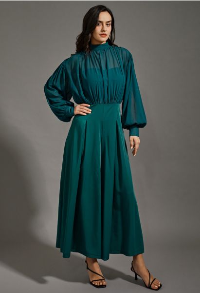 Sheer Spliced Wide-Leg Cropped Jumpsuit in Dark Green