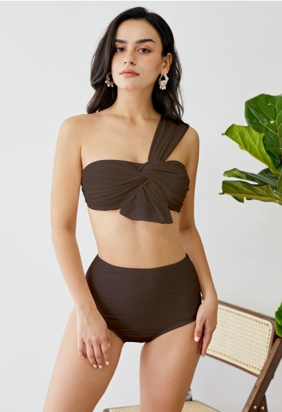 Sweet Knot One-Shoulder Bikini Set in Brown