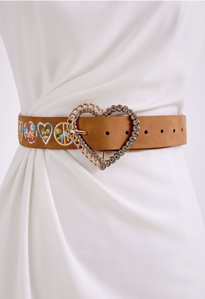 Rhinestone Heart Floral Embroidered Belt