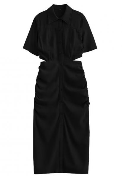 Cutout Waist Side Ruched Shirt Dress in Black