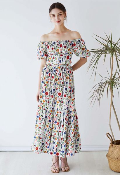 Off-Shoulder Bowknot Crop Top and Flare Skirt Set in Floret Print