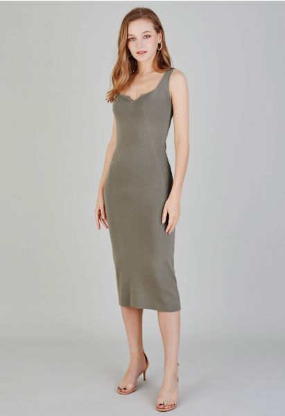 Notch Neckline Bodycon Knit Dress in Taupe