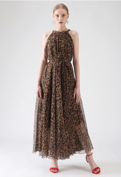 Leopard Watercolor Maxi Slip Dress in Brown