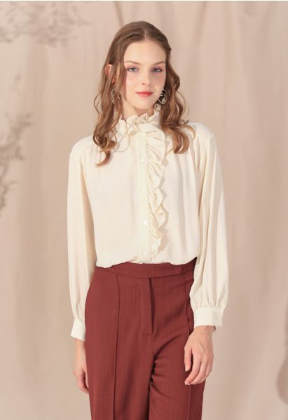 Button Front Ruffle Hi-Lo Shirt in Cream