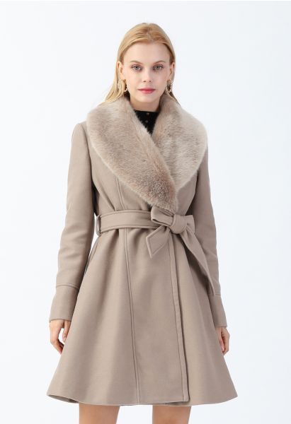 Faux Fur Collar Belted Flare Coat in Taupe