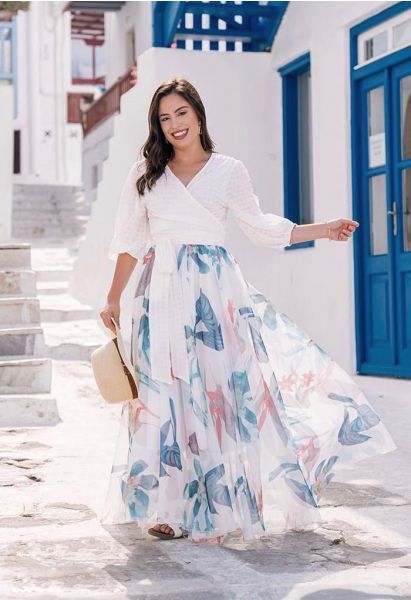 Tropical Floral Watercolor Maxi Skirt in White