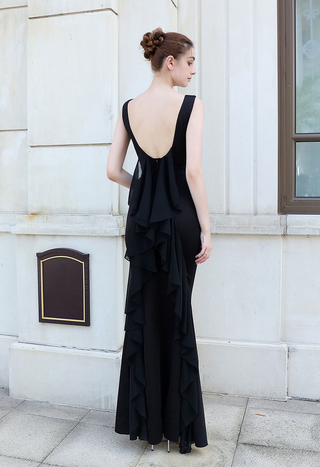 Open Back Cascade Ruffle Sleeveless Gown in Black