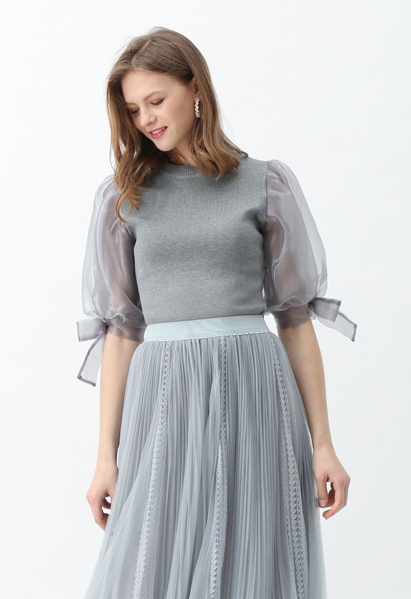 Organza Bubble Sleeves Knit Top in Grey