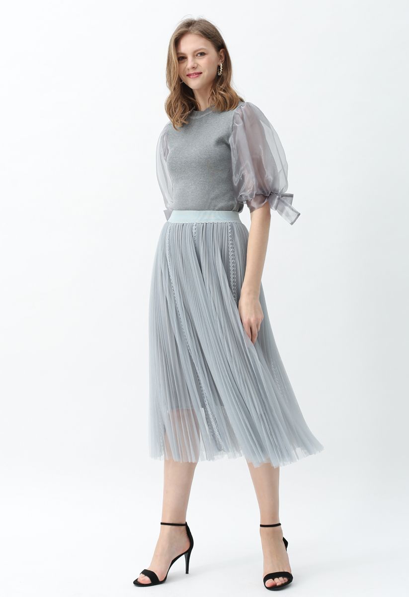 Organza Bubble Sleeves Knit Top in Grey