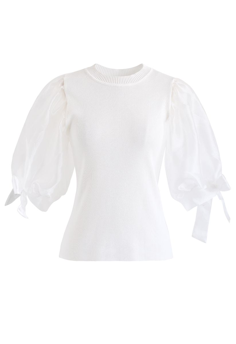 Organza Bubble Sleeves Knit Top in White