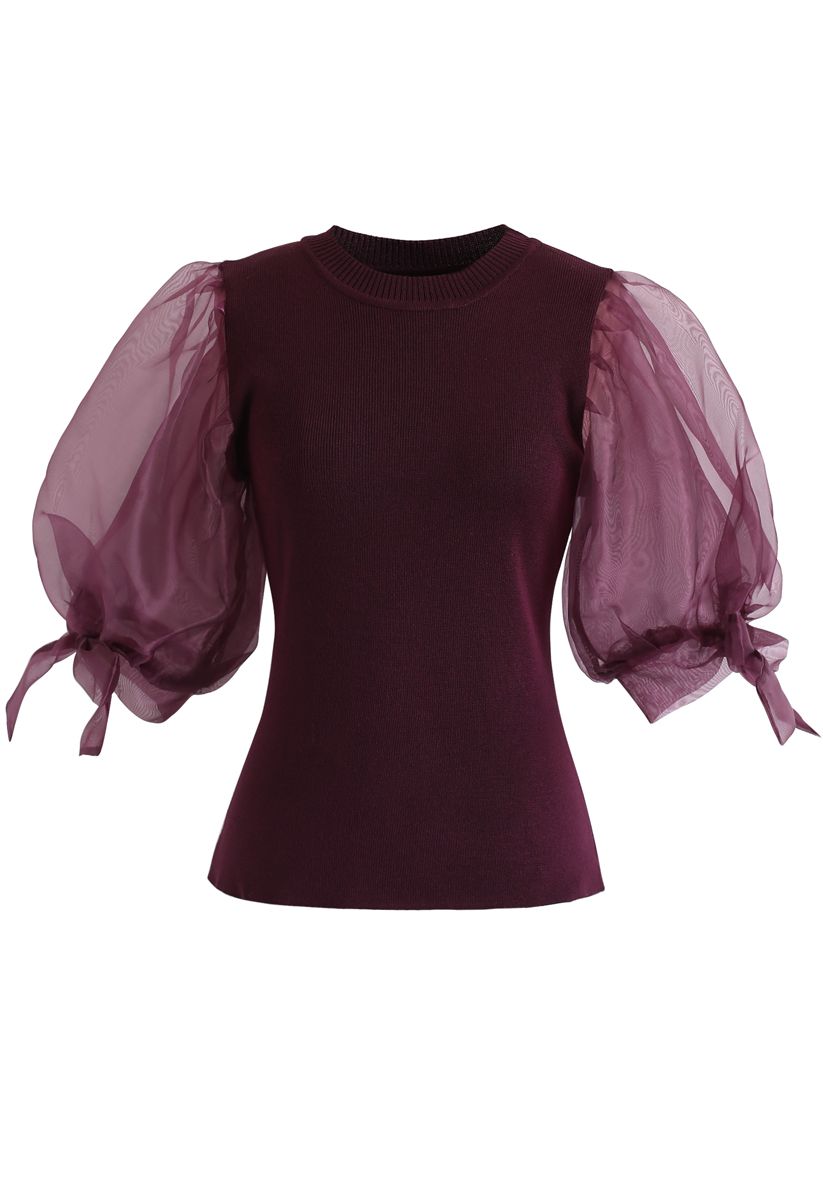 Organza Bubble Sleeves Knit Top in Wine