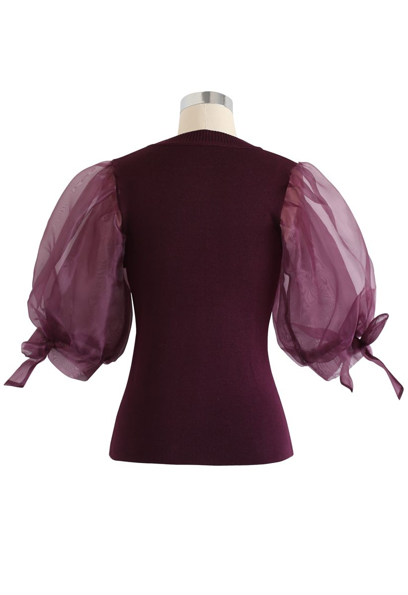 Organza Bubble Sleeves Knit Top in Wine