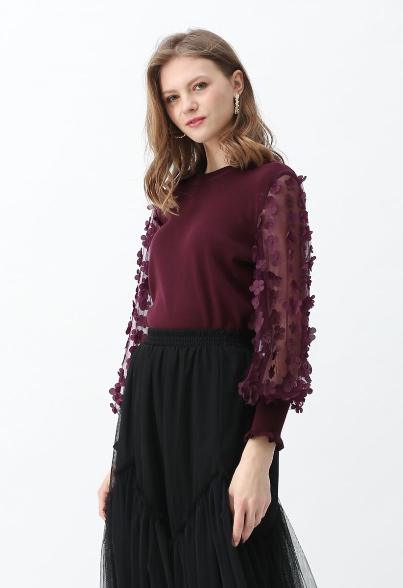 3D Flower Mesh Sleeves Knit Top in Wine