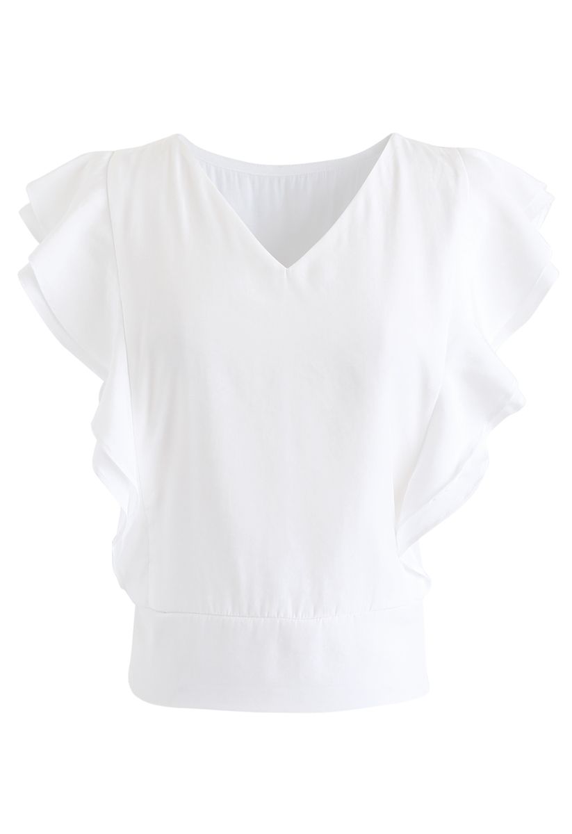 Bowknot Waist Sleeveless Ruffle Top in White