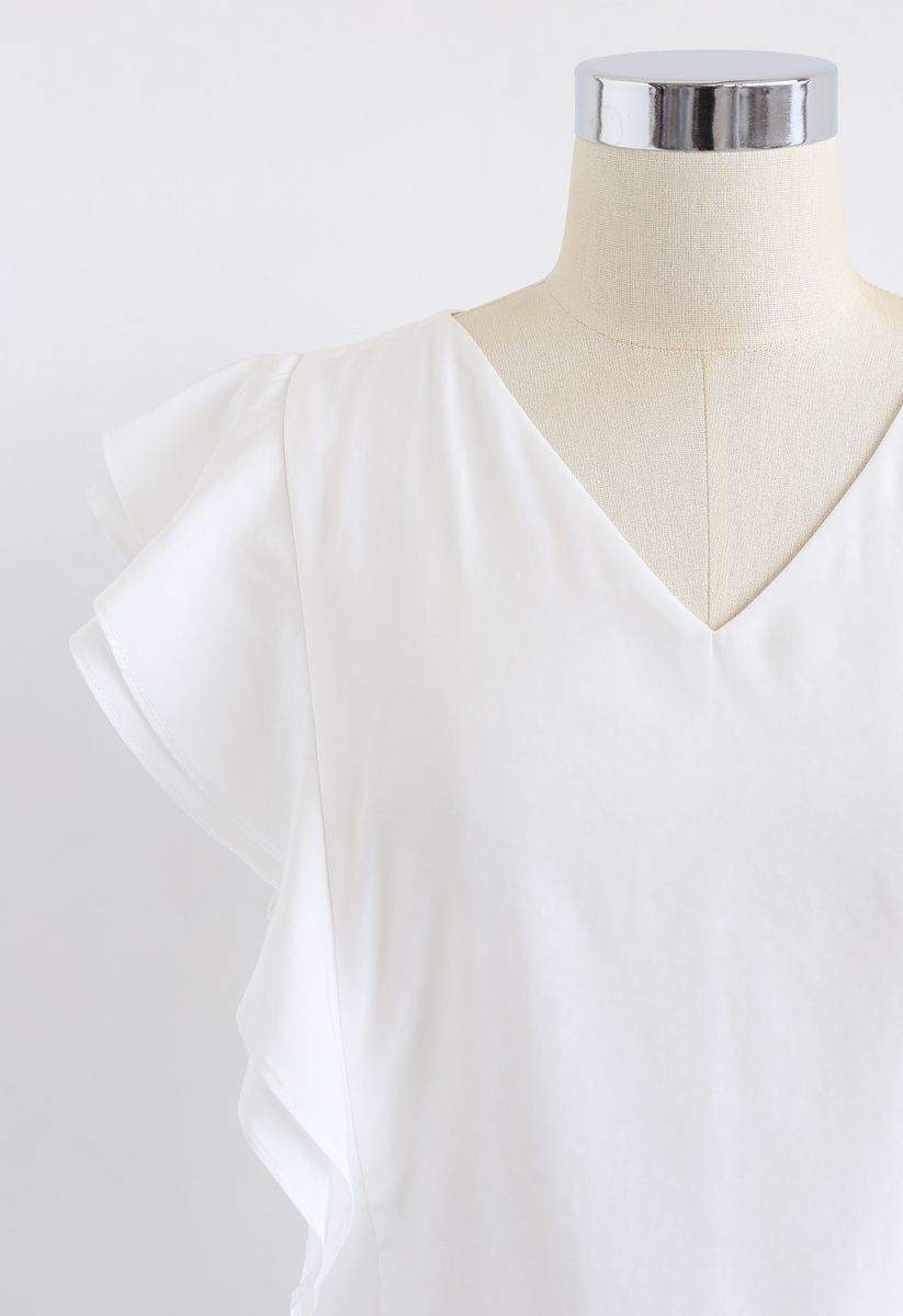 Bowknot Waist Sleeveless Ruffle Top in White