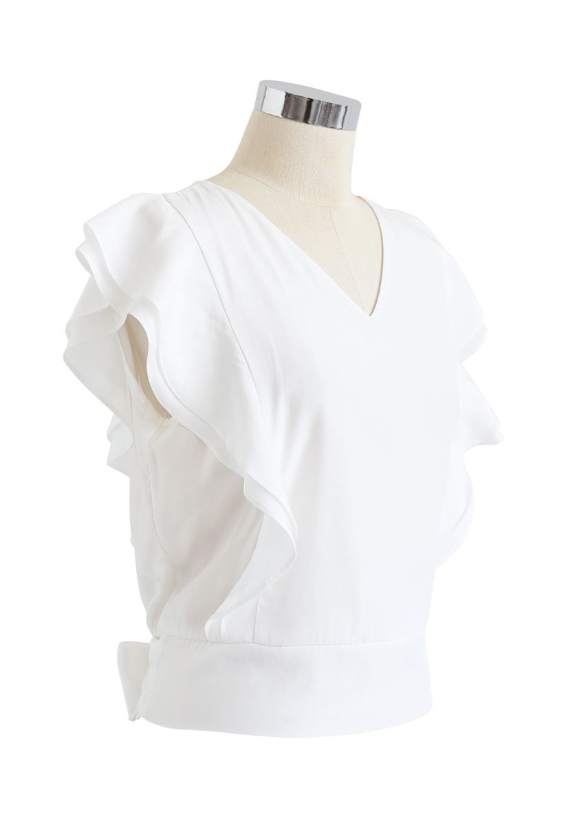 Bowknot Waist Sleeveless Ruffle Top in White