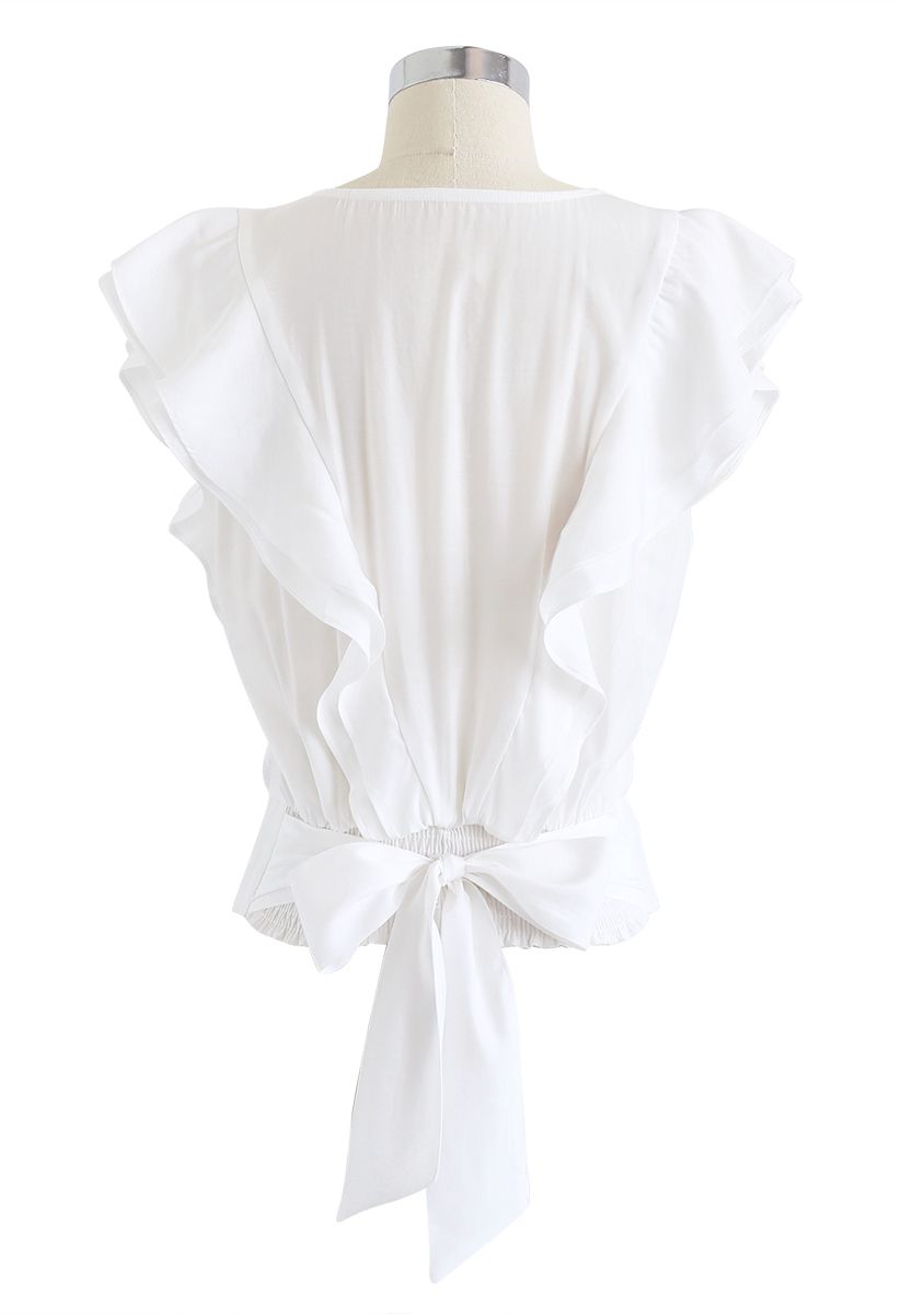 Bowknot Waist Sleeveless Ruffle Top in White