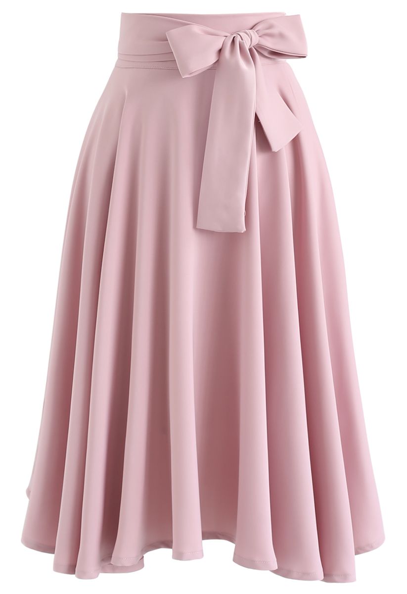 Flare Hem Bowknot Waist Midi Skirt in Pink