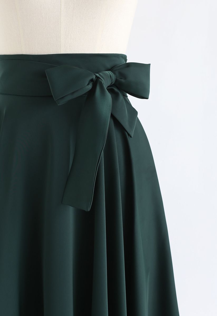 Flare Hem Bowknot Waist Midi Skirt in Emerald