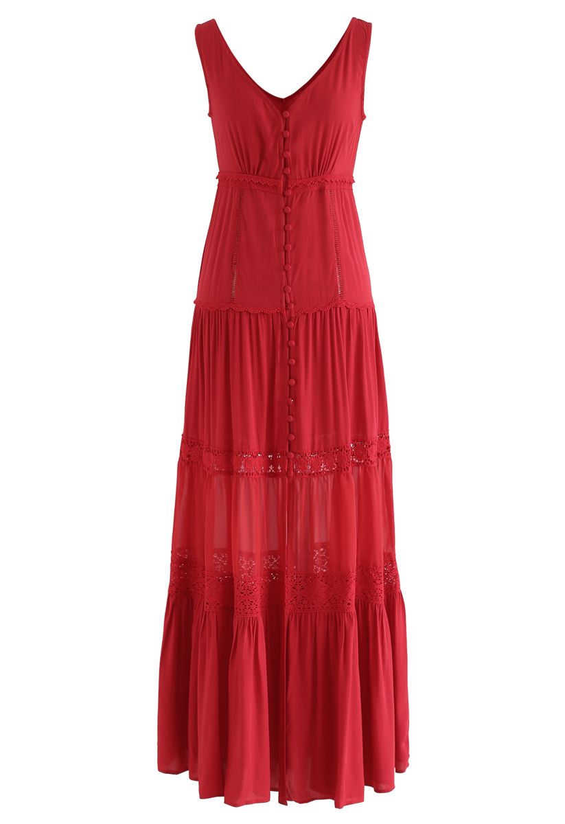 Crochet Trims Panelled Button Down Sleeveless Maxi Dress in Red