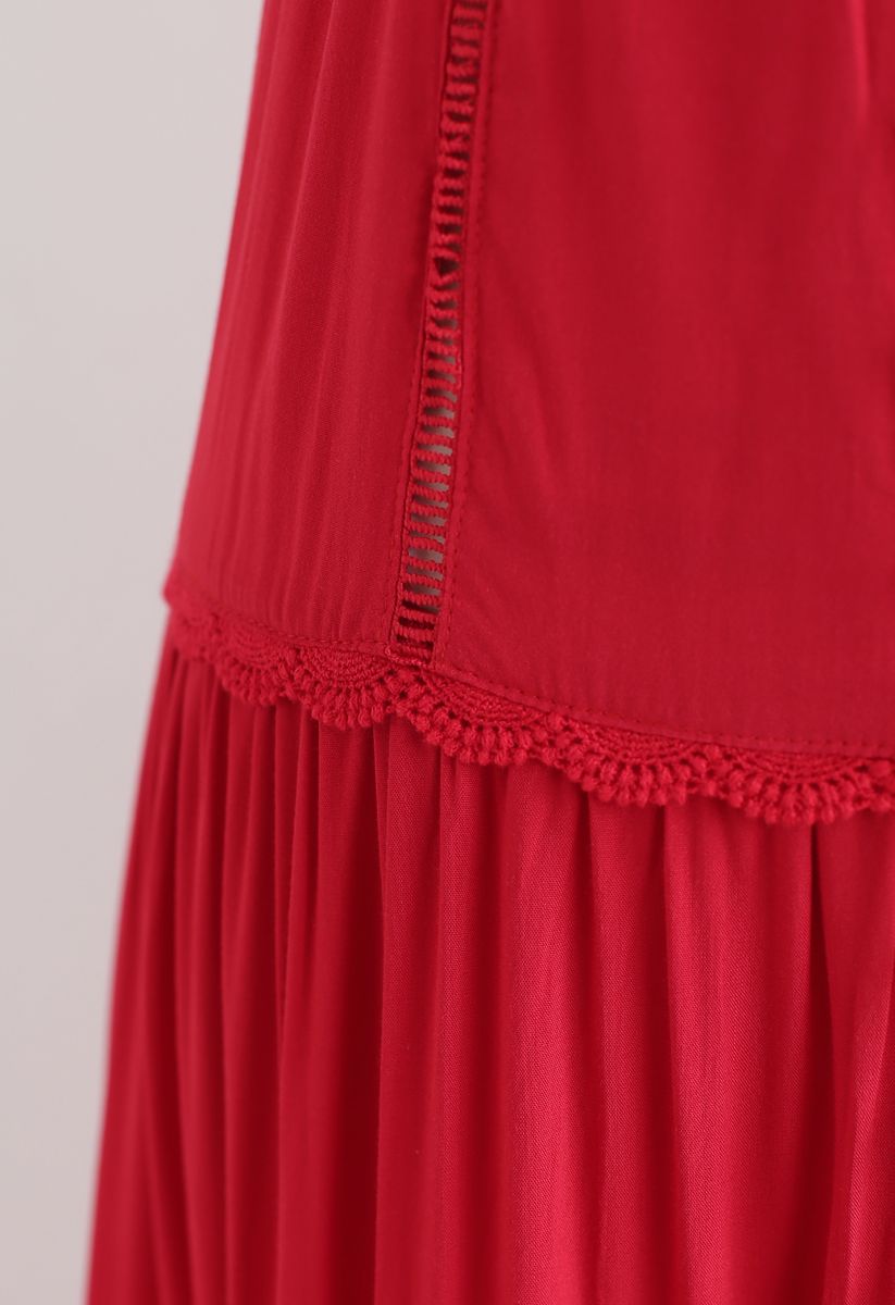 Crochet Trims Panelled Button Down Sleeveless Maxi Dress in Red