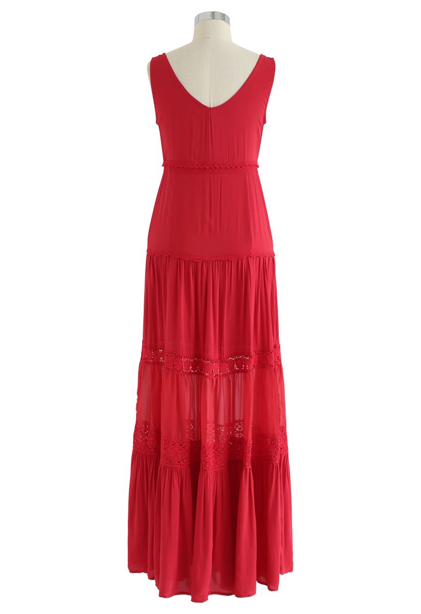 Crochet Trims Panelled Button Down Sleeveless Maxi Dress in Red