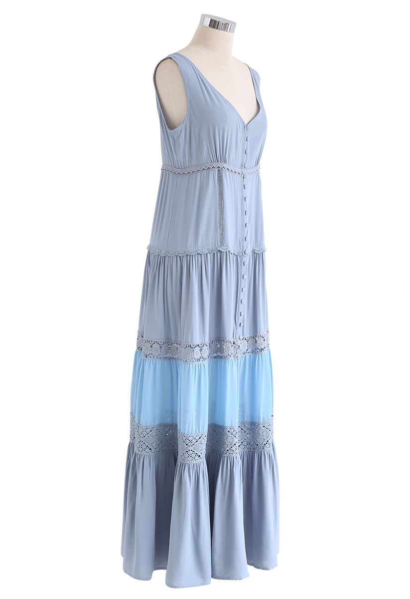 Crochet Trims Panelled Button Down Sleeveless Maxi Dress in Dusty Blue