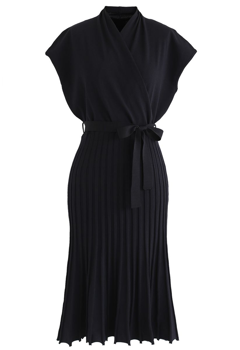 Pleated Sleeveless Wrapped Knit Dress in Black