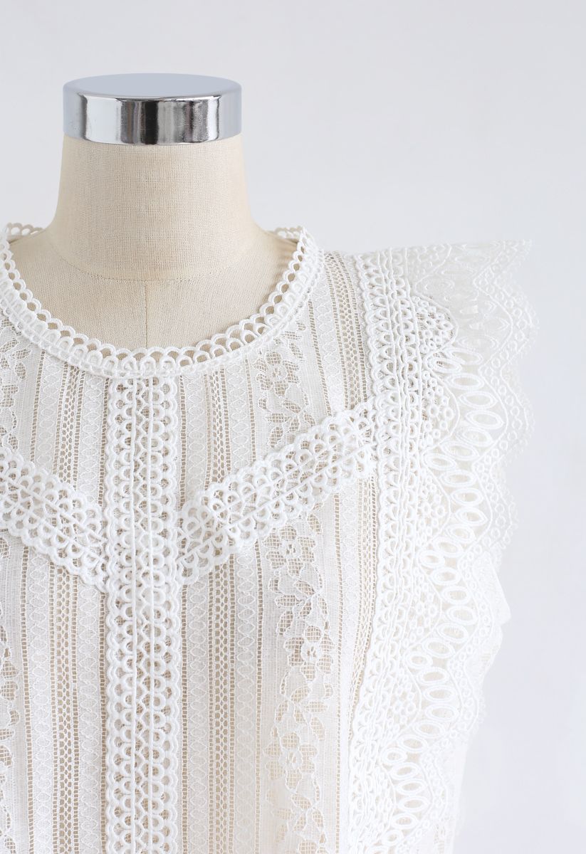 Crochet Trim Sleeveless Lace Top in White