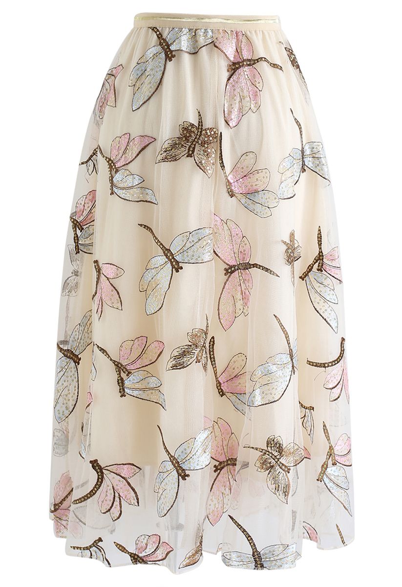 Sequin Dragonfly Embroidery Mesh Tulle Skirt in Cream