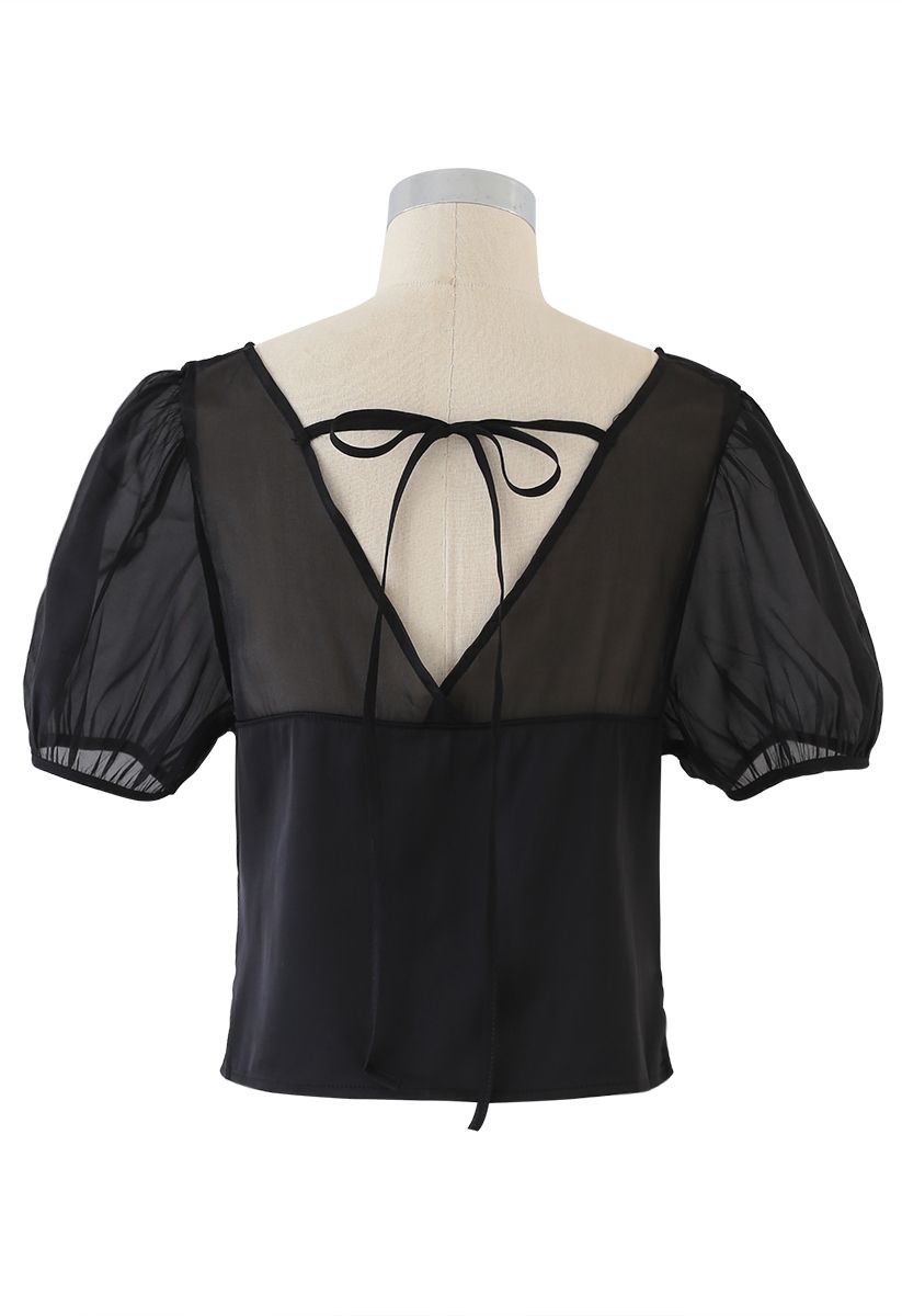 Organza Spliced Ruched Top in Black