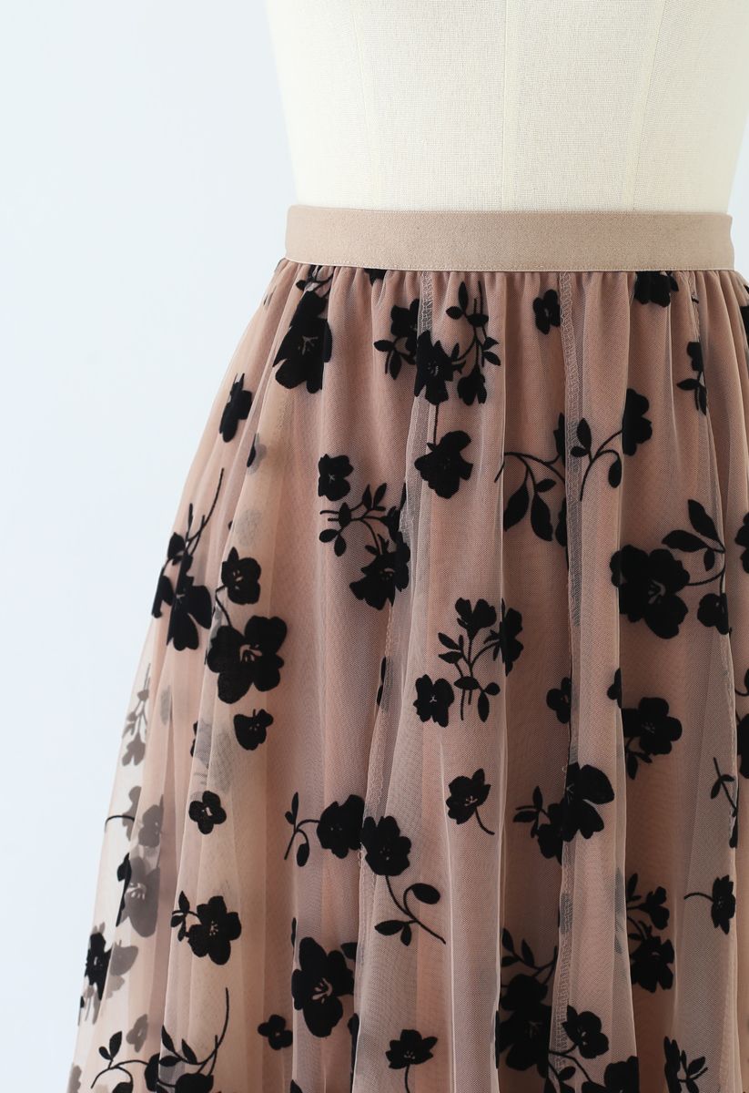 3D Posy Double-Layered Mesh Midi Skirt in Caramel