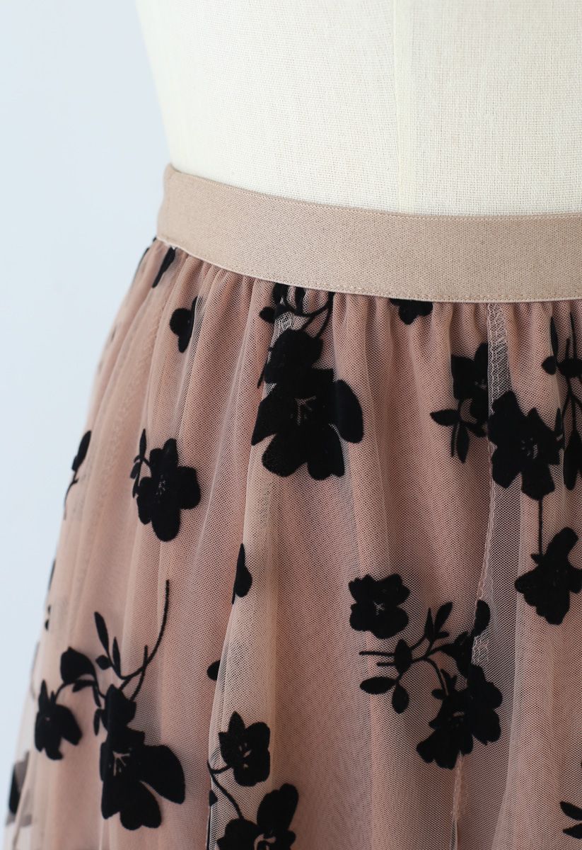 3D Posy Double-Layered Mesh Midi Skirt in Caramel