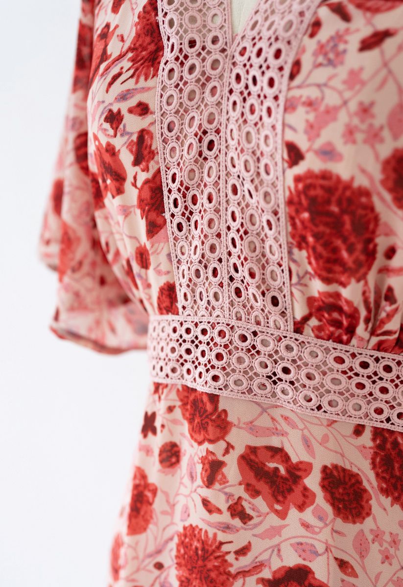 Red Floral Crochet Frilling Chiffon Dress