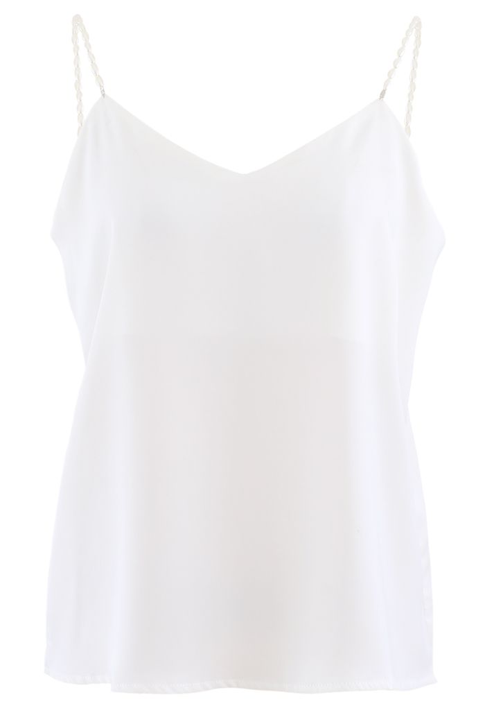 Pearl Straps Satin Cami Tank Top in White