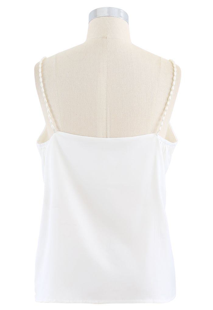 Pearl Straps Satin Cami Tank Top in White