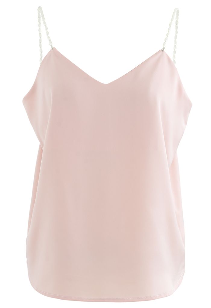 Pearl Straps Satin Cami Tank Top in Pink