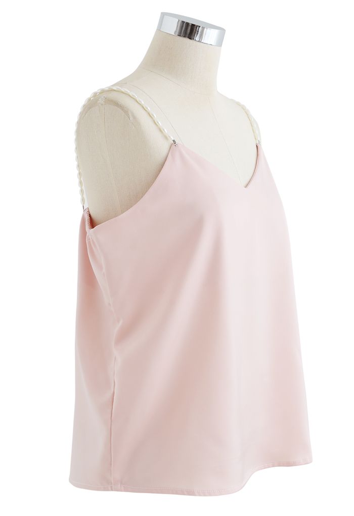 Pearl Straps Satin Cami Tank Top in Pink