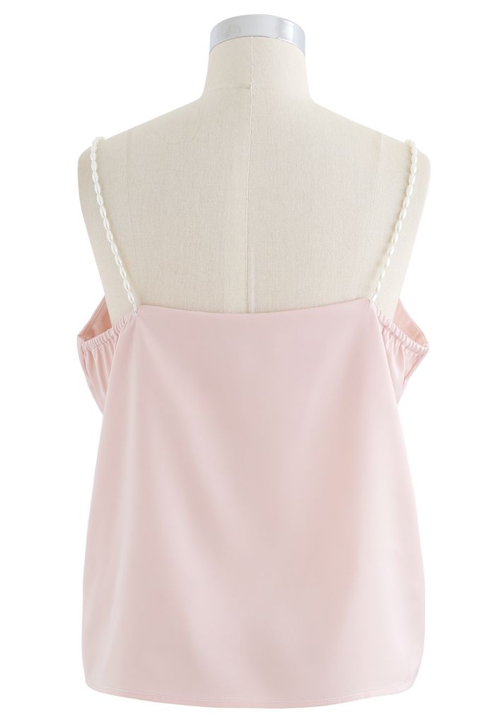 Pearl Straps Satin Cami Tank Top in Pink