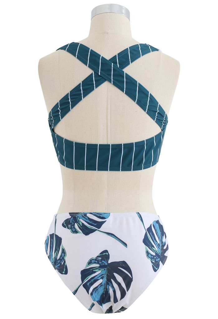 Stripe Print Crisscross Back Tropical Leaf  Bikini Set