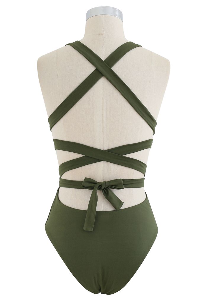 Deep V-Neck Lace-Up One-Piece Swimsuit in Army Green