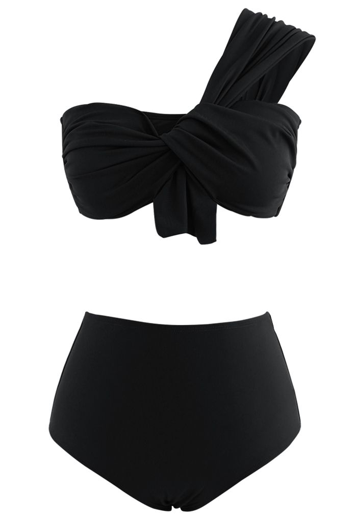 Sweet Knot One-Shoulder Bikini Set in Black