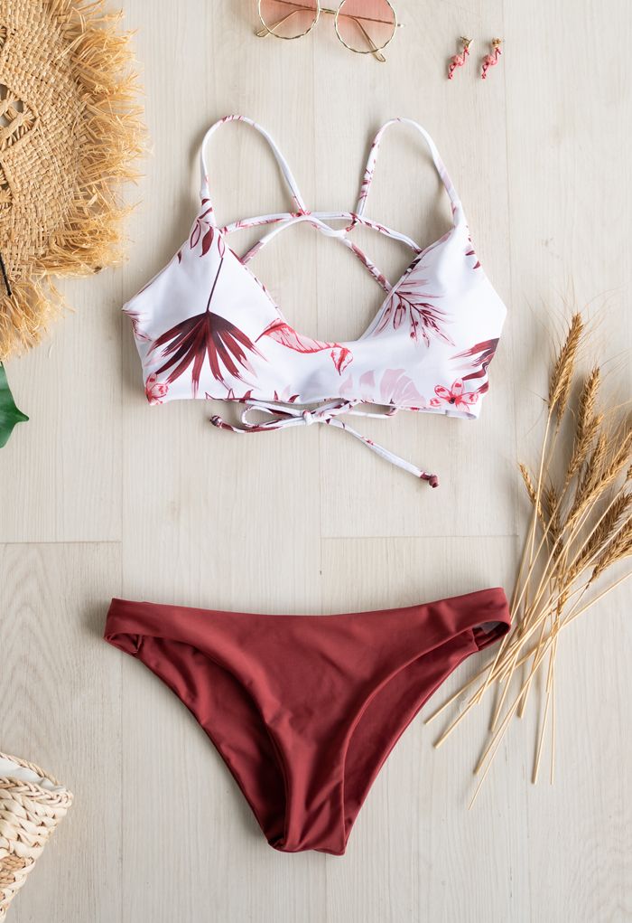 Leaf Print Open Back Bikini Set in Burgundy